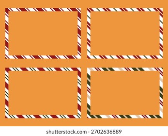 Christmas candy cane frame set illustration with four festive striped borders in red, green, and cream colors on an orange background, perfect for holiday cards, invitations, labels, templates