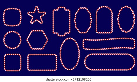 Conjunto de marco de bastón de caramelo de Navidades. Fronteras de rayas rojas y blancas festivas para diseños navideños. Ilustración vectorial con espacio para texto sobre un fondo blanco, perfecto para tarjetas, carteles y Plantillas de temporada.