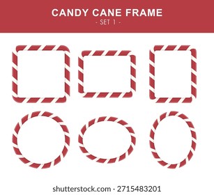 Conjunto de molduras de cana de doce de Natal. Bordas listradas em vermelho e branco. Quadrado, retângulo horizontal, retângulo vertical, círculo, oval horizontal e bordas ovais verticais em estilo pirulito vermelho e branco.