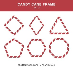 Christmas candy cane frame set. Red and white striped borders. Diamond, rhombus, triangle, pentagon, hexagon and octagon borders in red and white lollipop style.