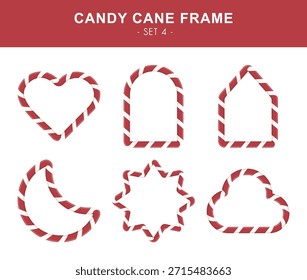 Conjunto de marco de bastón de caramelo de Navidades. Bordes a rayas rojas y blancas. Corazón, ventana, hogar, luna, sol y nubes bordean en rojo y blanco estilo piruleta.