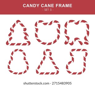 Conjunto de marco de bastón de caramelo de Navidades. Bordes a rayas rojas y blancas. Árbol de navidad, oso, arco, muñeco de nieve, sombrero de Santa y Navidades que median los bordes en estilo de piruleta roja y blanca.