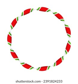 Christmas Candy Cane Frame. Striped ribbon sticker. Border with lollipop pattern. Winter holiday decoration for greeting cards. Flat vector illustration.