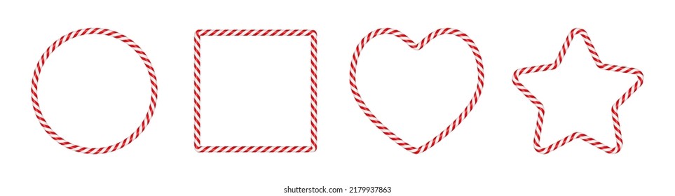 Christmas candy cane frames with red and white striped. Xmas circle, star, heart, square border with striped candy lollipop pattern. Christmas template. Vector illustration on white background.