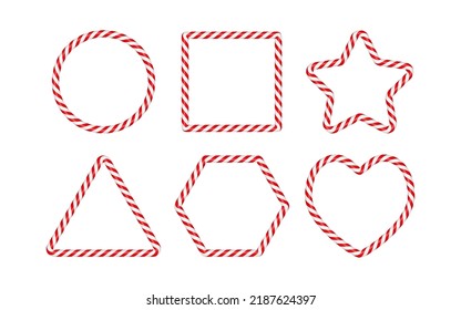 Christmas candy cane frames with red and white striped. Xmas circle, star, heart, square border with striped candy lollipop pattern. Christmas template. Vector illustration on white background.