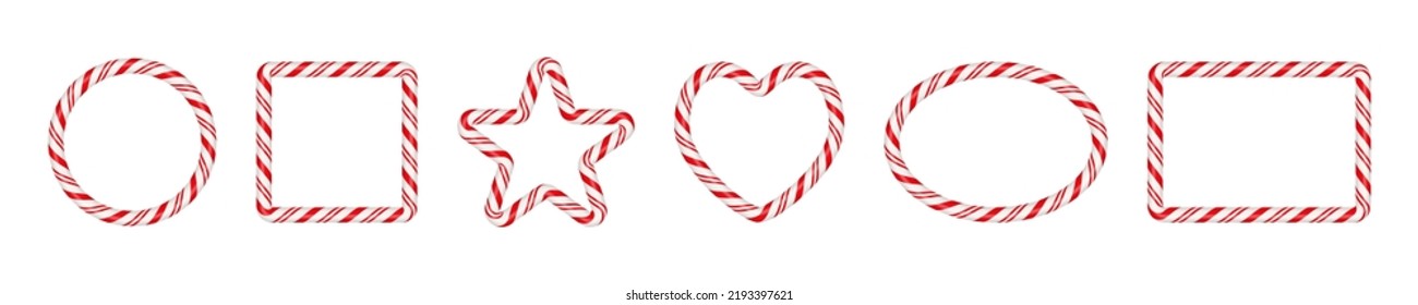 Christmas candy cane frames with red and white striped. Xmas circle, oval, square border with striped candy lollipop pattern. Blank christmas template. Vector illustration isolated on white