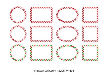 Christmas candy cane frames with red and green striped. Xmas circle, oval, square border with striped candy lollipop pattern. Blank christmas template. Vector illustration isolated on white background