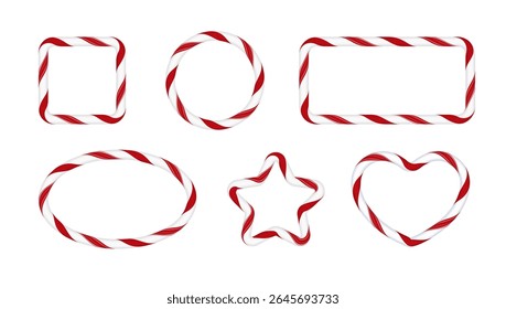 Christmas candy cane frames from red and white twisted stripes. Xmas round, star, heart and rectangle borders with striped candy lollipop pattern. New Year holiday design. Vector festive collection