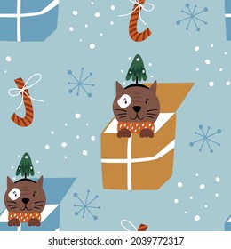 Weihnachtskuchen und mit lustiger Katze. Winterweihnachtsmuster. Vektorgrafik