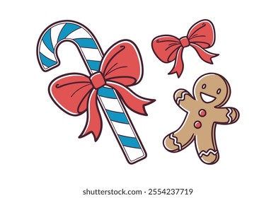 christmas candy cane gingerbread man and red bows illustration