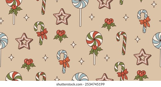 Christmas candy cane and gingerbread seamless pattern. Festive sweet in retro style. Vector background for Merry Christmas and Happy New Year design