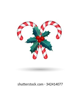  Christmas candy cane with golden bow  isolated on white background.Vector illustration