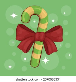 Christmas Candy Cane with Green and Yellow Stripe and Red Ribbon Vector Illustration