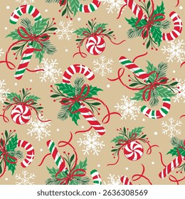 Christmas Candy Cane with Greenery, Bows, and Snowflakes Seamless Pattern. Natural Background- Christmas Seamless Patter Vector Illustration