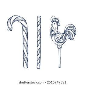 Christmas Candy cane hand drawn Isolated vector illustration set. Lollipop sketch symbol for bar or restaurant menu, holiday poster, new year, greeting, holiday, invitation. Engraving style collection