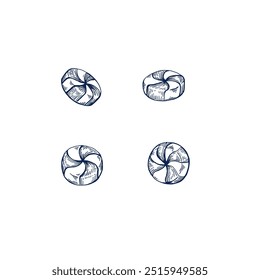 Christmas Candy cane hand drawn Isolated vector illustration set. Lollipop sketch symbol for bar or restaurant menu, holiday poster, new year, greeting, holiday, invitation. Engraving style collection