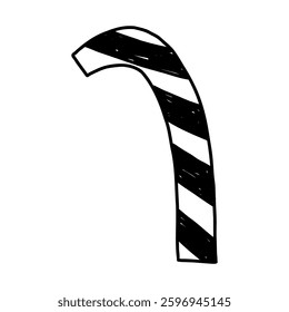 Christmas candy cane in hand drawn doodle style, vector illustration isolated on white background. Outline drawing of sweet candy.