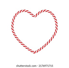 Christmas candy cane heart frame with red and white striped. Xmas border with striped candy lollipop pattern. Blank christmas and new year template. Vector illustration isolated on white background.