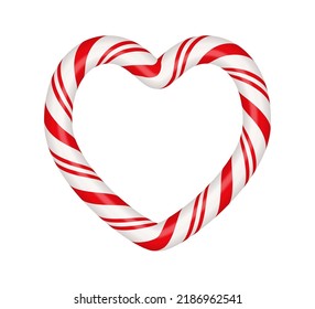 Christmas candy cane heart frame with red and white striped. Xmas border with striped candy lollipop pattern. Blank christmas and new year template. Vector illustration isolated on white background.