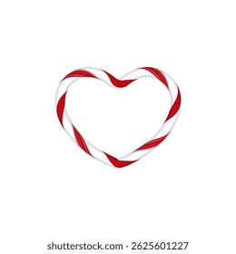 Christmas candy cane heart frame with red and white twisted stripes. Xmas romantic border with striped candy lollipop pattern. Love symbol. New Year holiday round element, festive vector design