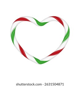 Christmas candy cane heart frame from red, white and green twisted stripes. Xmas romantic border with striped candy lollipop pattern. Love symbol. New Year holiday round element, festive vector design