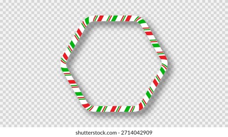 Christmas candy cane hexagon shape frame with red, green and white stripes. Perfect for holiday cards, banners, or festive templates. Vector illustration