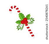 Christmas Candy Cane with holly berry. Design element for door wreath decoration. Holiday icon for greeting cards. Flat vector stick illustration isolated on white.