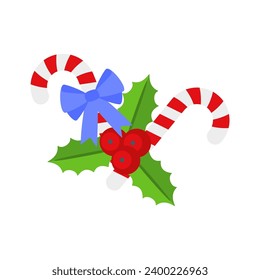 Christmas Candy Cane with holly berry. Design element for door wreath decoration. Holiday icon for greeting cards. Flat vector stick illustration isolated on white.