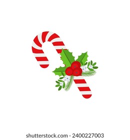 Christmas Candy Cane with holly berry. Design element for door wreath decoration. Holiday icon for greeting cards. Flat vector stick illustration isolated on white.