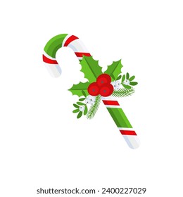 Christmas Candy Cane with holly berry. Design element for door wreath decoration. Holiday icon for greeting cards. Flat vector stick illustration isolated on white.