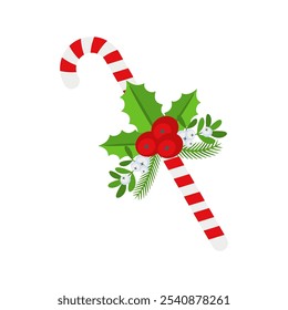 Christmas Candy Cane with holly berry. Design element for door wreath decoration. Holiday icon for greeting cards. Flat vector stick illustration isolated on white.