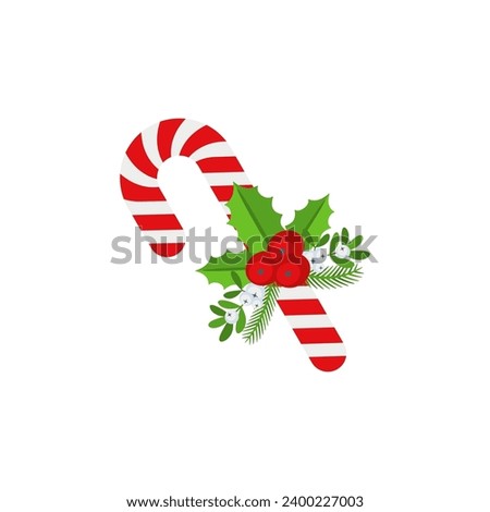 Christmas Candy Cane with holly berry. Design element for door wreath decoration. Holiday icon for greeting cards. Flat vector stick illustration isolated on white.
