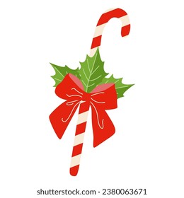 Christmas candy cane with Holly leaves and Red ribbon Bow. Vector Flat style illustration. Seasonal Xmas Decoration isolated on white, Striped Sweet, Color design element for Postcard, Banner, Sticker