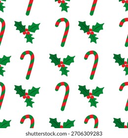 Patrón de Navidades Candy Cane y Holly en estilo de Vector plano festivo con colores rojo, verde y blanco para papel de regalo festivo y diseños de temporada