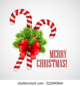 Christmas candy cane with holly and red bow. Vector illustration EPS 10