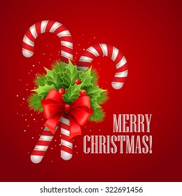 Christmas candy cane with holly and red bow. Vector illustration EPS 10