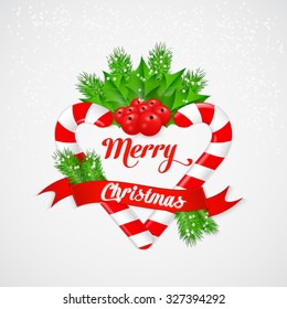 Christmas candy cane with holly and red ribbon. Vector illustration EPS 10 