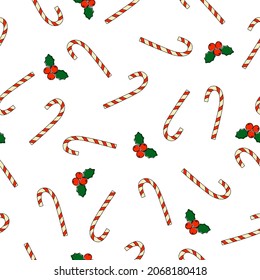 Christmas candy cane and holly seamless pattern. Doodle style. Line art. Background for greeting card on Christmas and New Year. Vector illustration