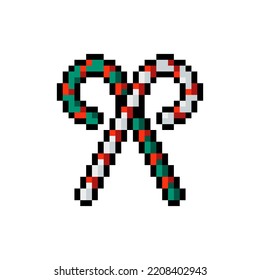 Christmas candy cane icon in pixel art design isolated on white background, Christmas and New Year vector sign symbol.