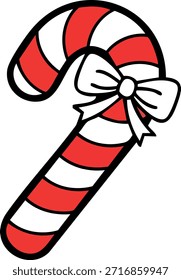 Ilustración del bastón de caramelo de las Navidades con las rayas rojas y blancas y el arco blanco aislado en el fondo blanco