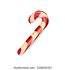 Christmas candy cane isolated on the white background. Seasonal winter element for design of Christmas postcards and posters. Vector illustration with white-and-red striped cane-shaped stick candy.