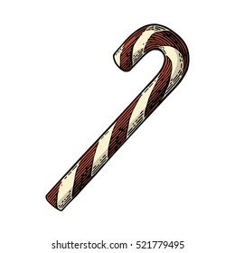 Christmas candy cane. Isolated on white background. Vector vintage color engraving illustration.
