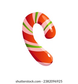 Christmas candy cane isolated. Traditional xmas candy with red, green and white stripes. Vector illustration in Cartoon Style.