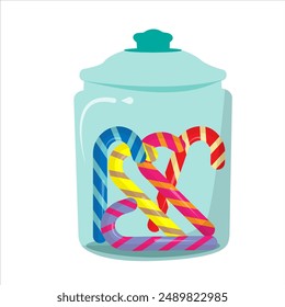 Christmas candy cane in jar with full colors. Flat design vector. Children's candy. Sweets.