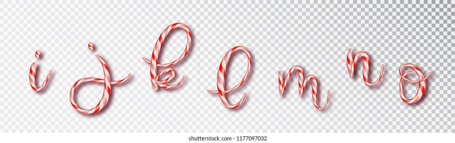 Christmas candy cane lettering. Font set with caramel letter - i, j, k, l, m, n, o . Sweet 3d  alphabet isolated . Vector illustration 10 EPS.