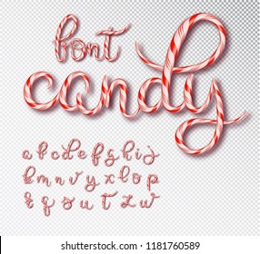 Christmas candy cane lettering. Font set with caramel letter . Sweet 3d alphabet isolated . Vector illustration 10 EPS.