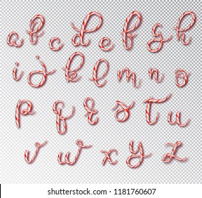Christmas candy cane lettering. Font set with caramel letter . Sweet 3d alphabet isolated . Vector illustration 10 EPS.