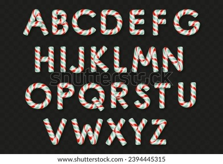 Christmas candy cane letters with bright red, green and white stripes.