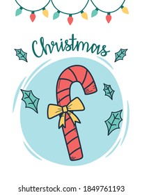 christmas candy cane with lights and falling leaves card vector illustration