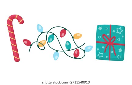 Navidades Candy Cane, luces y caja de regalo ilustración